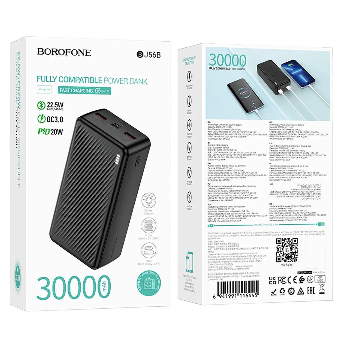 Powerbank Borofone BJ56B 30000mAh 22.5W Carga Rápida PD20W USB C