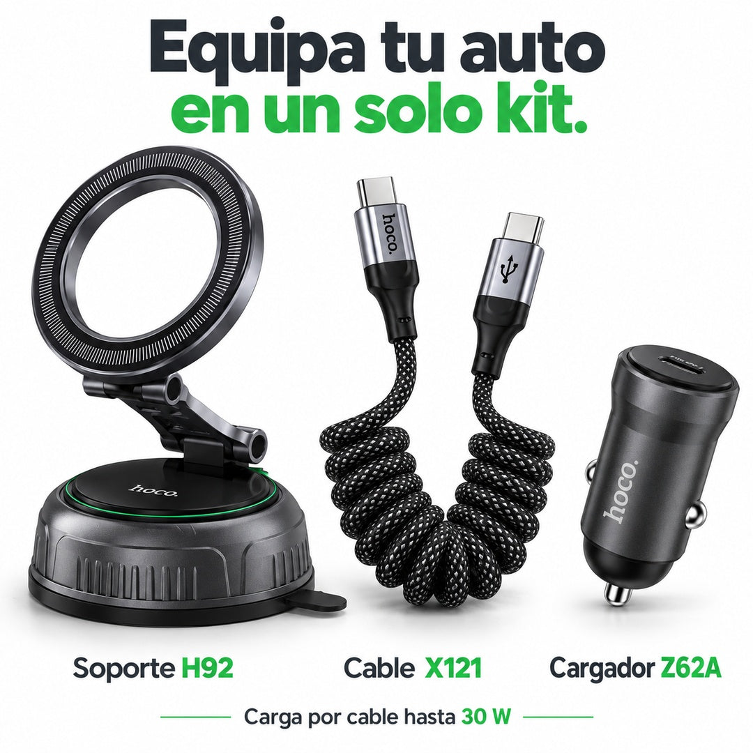 Kit Auto Hoco H92 con Soporte Magnético, Cargador Z62A 30W y Cable X121 USB-C