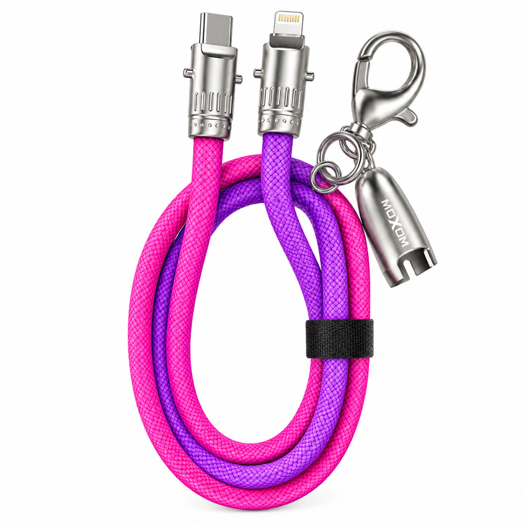Cable lanyard Moxom MX-CB295 USB-C a Lightning rosado y morado con mosquetón