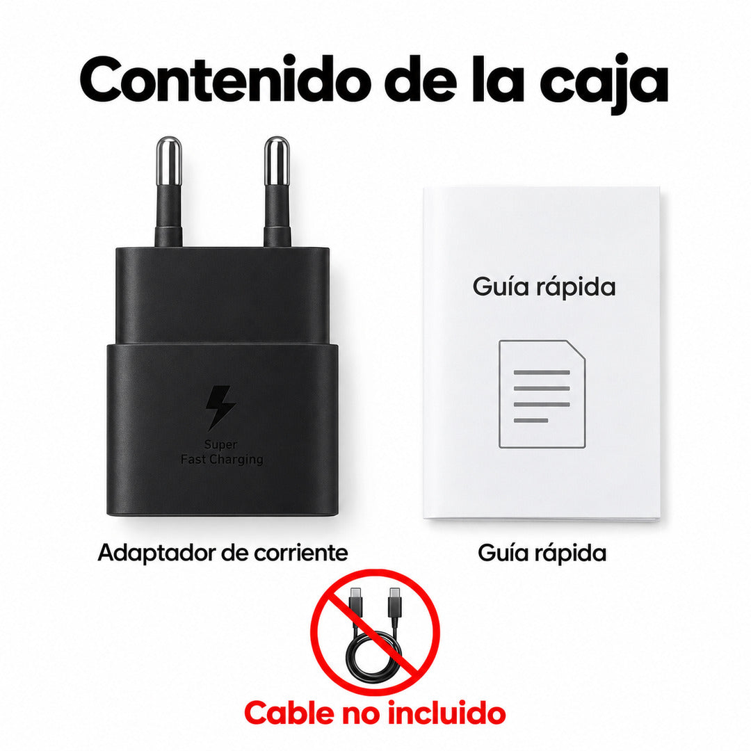 Contenido de la caja: adaptador Samsung 25W y guía rápida