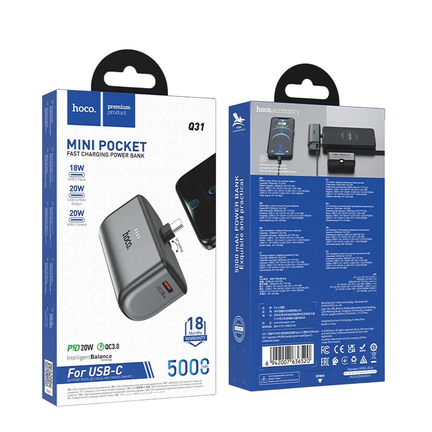 Powerbank Hoco Q31 5000mAh Carga Rápida PD20W con Tipo C