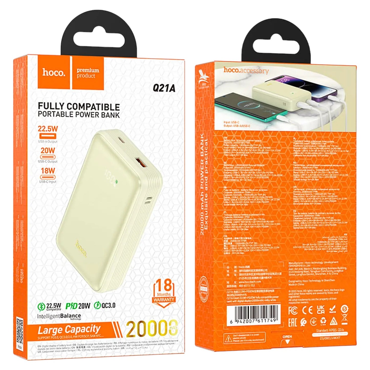 Powerbank Hoco Q21A 20000mAh 22.5W Carga Rápida USB-C + Puerto USB