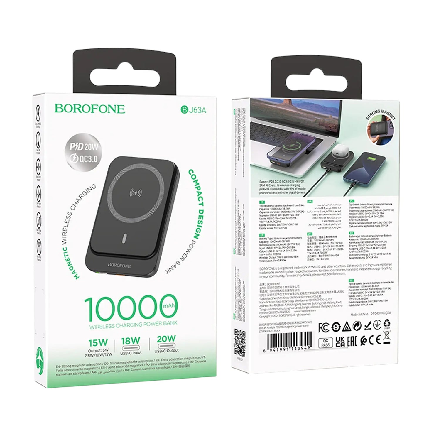 Powerbank Borofone Nimble 10000mAh PD20W + LED + Carga Rápida e Inalámbrica