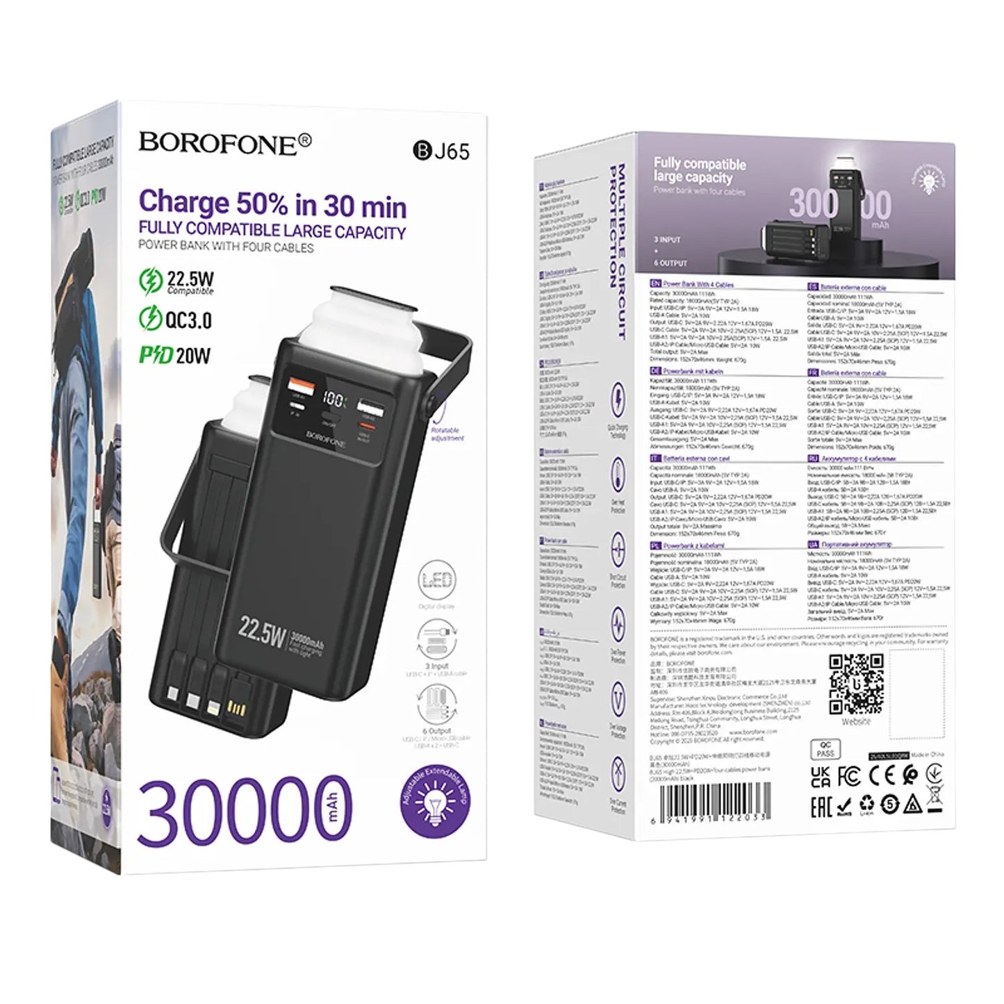 Powerbank Borofone BJ65 High 30 000 mAh PD 20 W + QC 225 W con pantalla LED