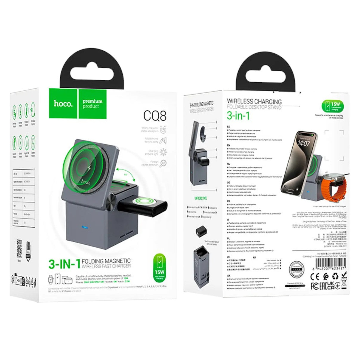 Hoco CQ8 3-en-1 Plegable – Cargador Inalámbrico Magnético 15 W