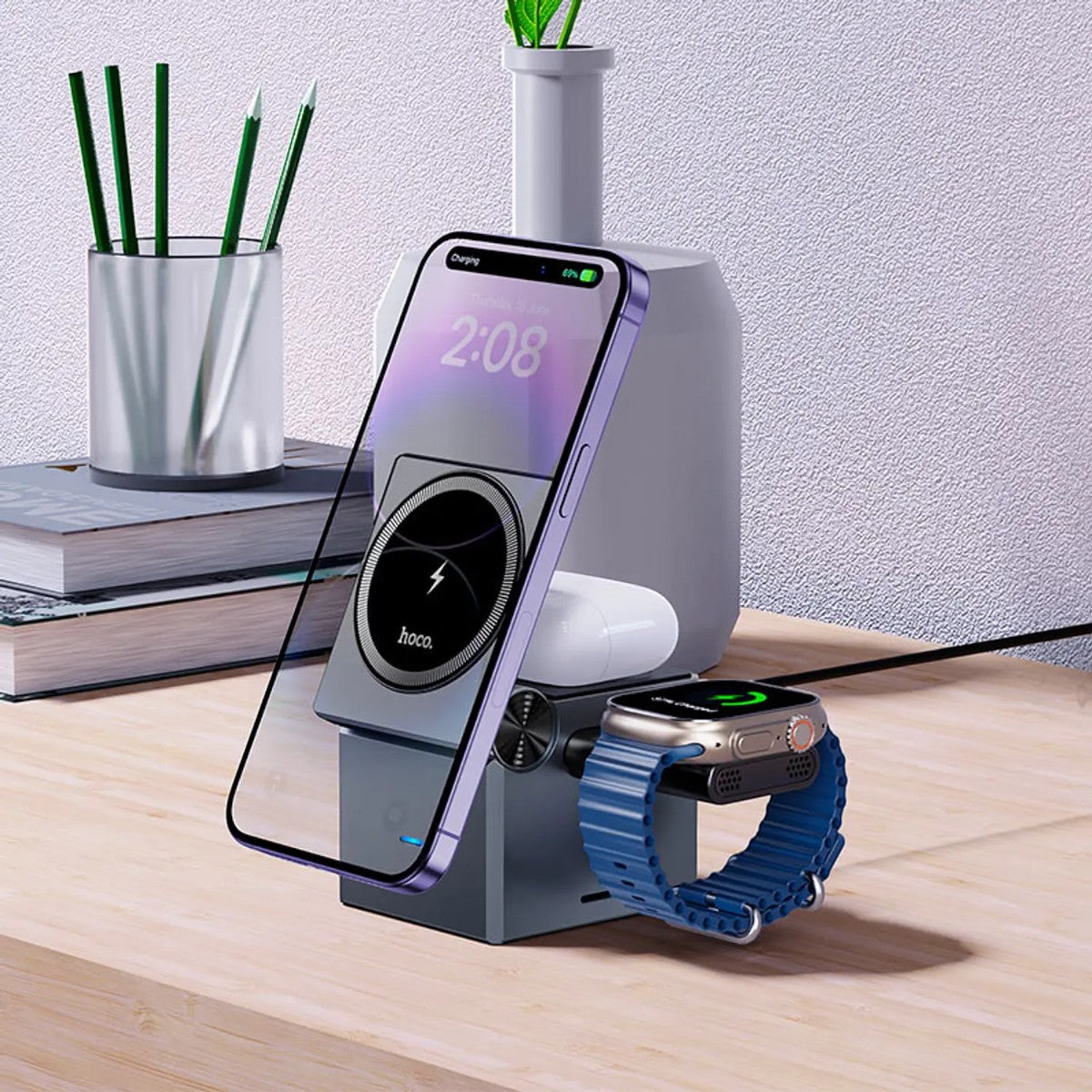 Hoco CQ8 3-en-1 Plegable – Cargador Inalámbrico Magnético 15 W