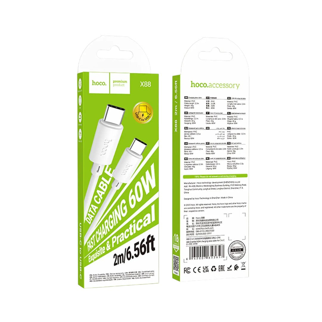 Cable Hoco X88 Tipo C a C 60W 2M Blanco Carga Rápida
