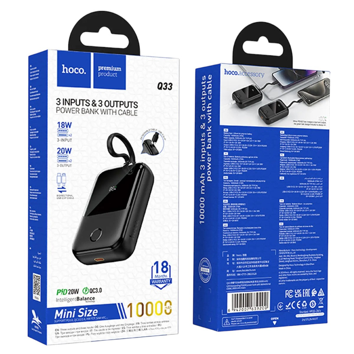 Powerbank Hoco Q33 10000mAh PD20W con Cable Integrado Carga Rápida