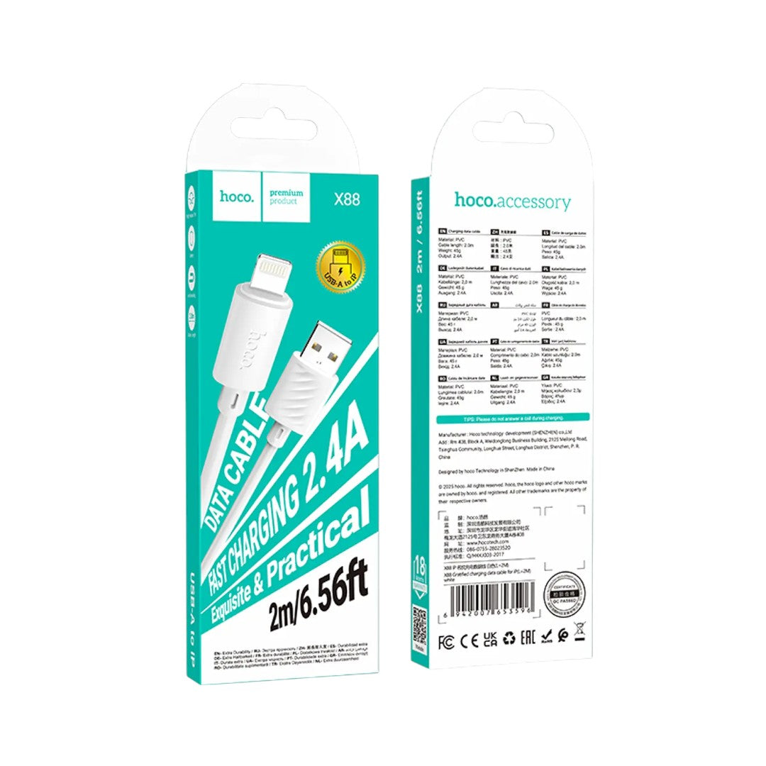 Cable Lightning Hoco X88 2M Blanco Carga Rápida