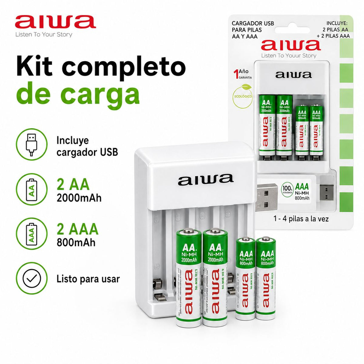 Cargador de pilas recargables Aiwa con 4 pilas – foto 2