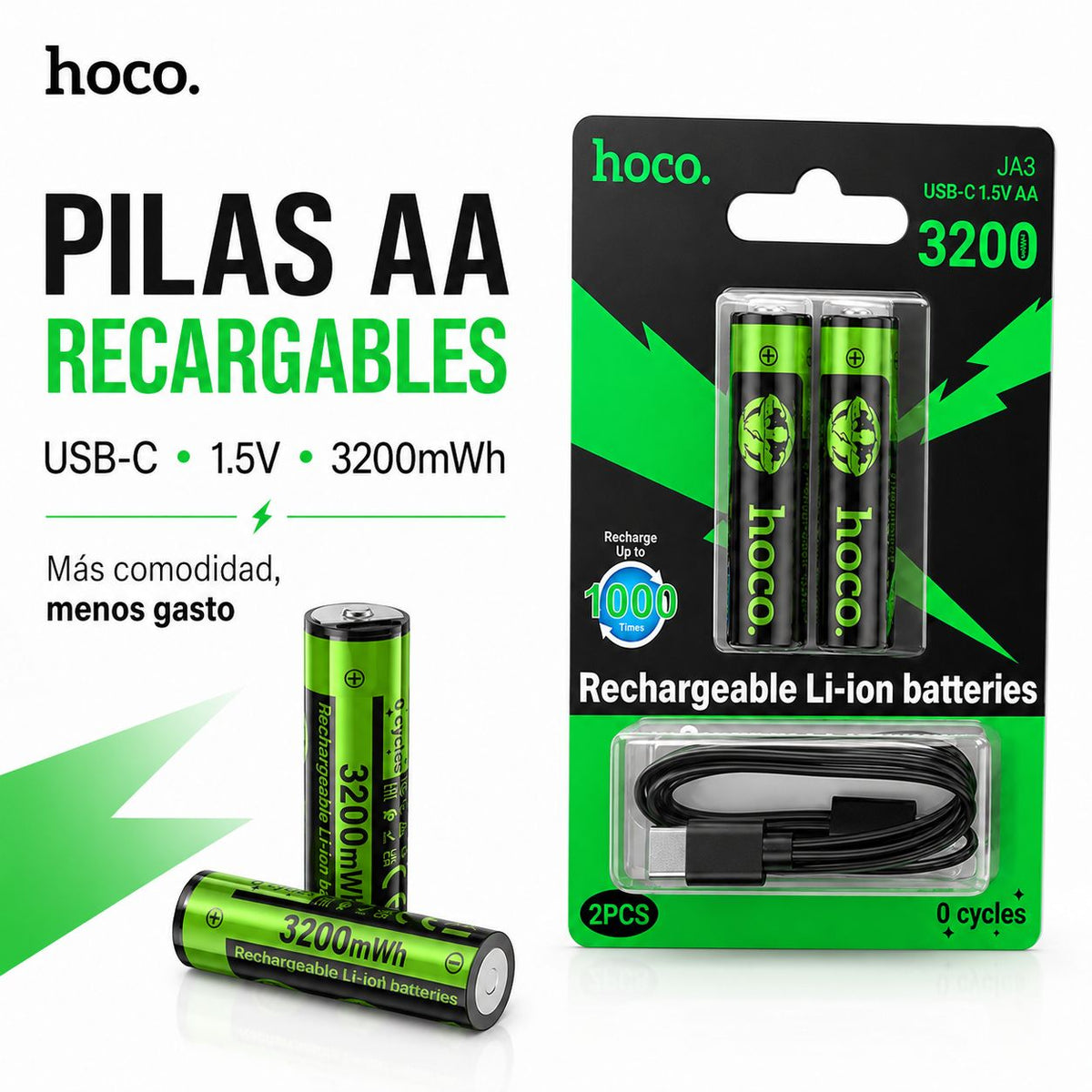 Pilas AA recargables USB-C Hoco JA3 – foto 1