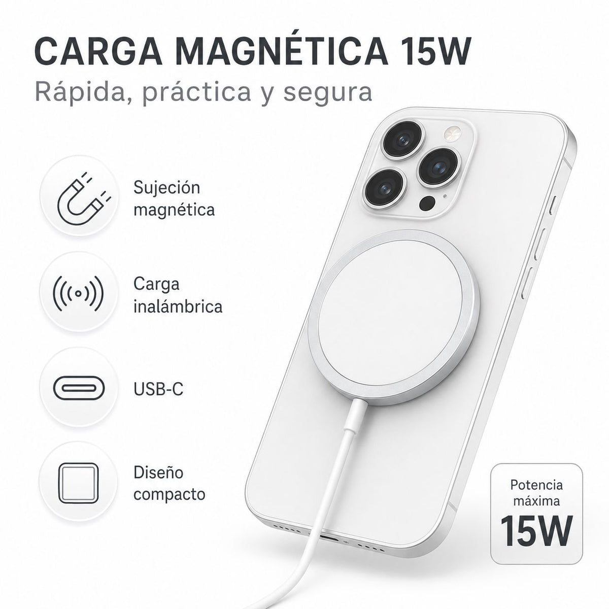 Cargador Inalámbrico Magnético 15W USB-C Compatible con MagSafe – foto 2