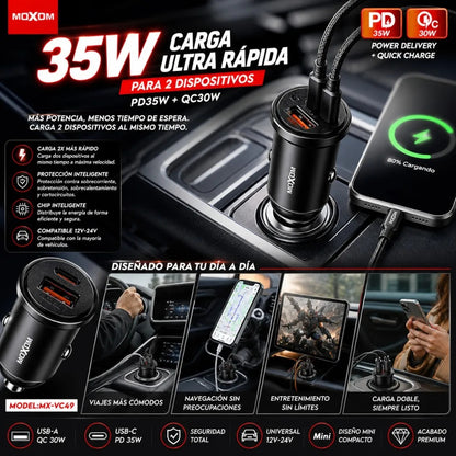 Cargador Auto Moxom MX-VC49 35W USB-C PD USB-A QC Mini - foto 2