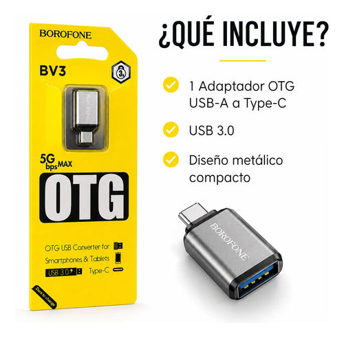 Adaptador OTG Borofone BV3 USB-C a USB 3.0 Metálico – Plateado – foto 5