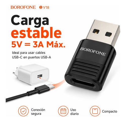 Adaptador Borofone BV18 USB-A a USB-C OTG 3A – Negro – foto 3