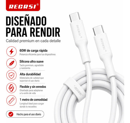 Cable Recrsi TA-01 USB-C a USB-C 60W 1 m de Silicona – Blanco – foto 4