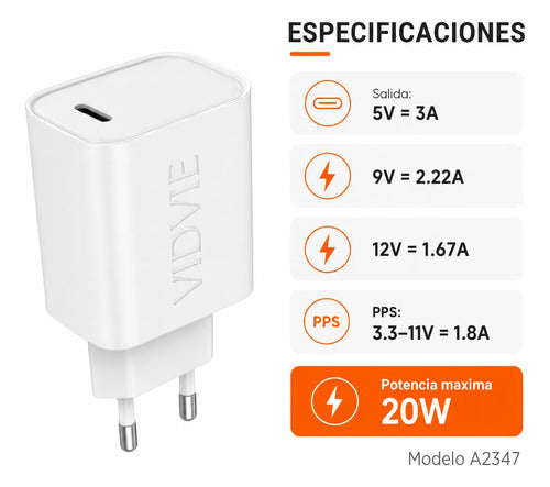 Cargador Vidvie A2347 20W USB-C PD Carga Rápida – Blanco – foto 4
