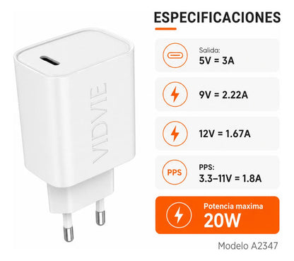 Cargador Vidvie A2347 20W USB-C PD Carga Rápida – Blanco – foto 4