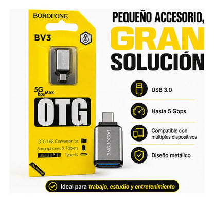 Adaptador OTG Borofone BV3 USB-C a USB 3.0 Metálico – Plateado – foto 10