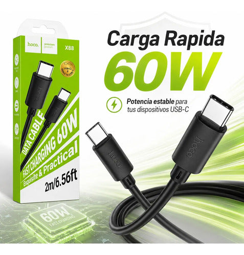 Cable Hoco X88 USB-C a USB-C 60W 2 m Carga Rápida – Negro – foto 2
