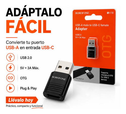 Adaptador Borofone BV18 USB-A a USB-C OTG 3A – Negro – foto 6