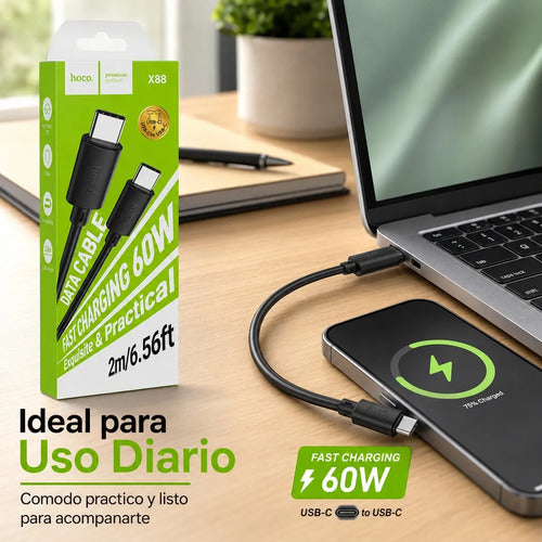 Cable Hoco X88 USB-C a USB-C 60W 2 m Carga Rápida – Negro – foto 9