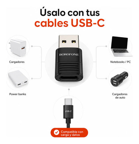 Adaptador Borofone BV18 USB-A a USB-C OTG 3A – Negro – foto 2