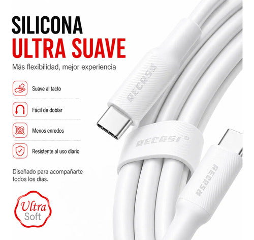 Cable Recrsi TA-01 USB-C a USB-C 60W 1 m de Silicona – Blanco – foto 3