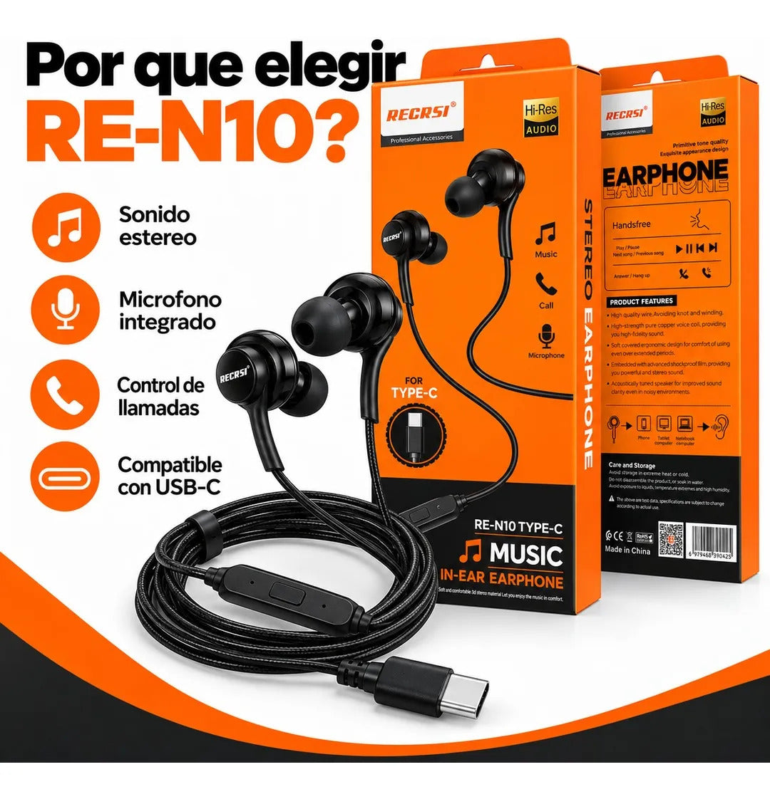 Auriculares RE-N10 con Cable USB-C y Control de Llamadas - foto 4