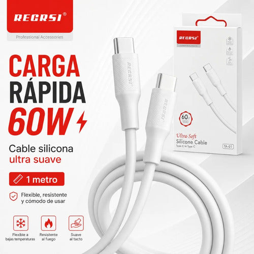 Cable Recrsi TA-01 USB-C a USB-C 60W 1 m de Silicona – Blanco – foto 6