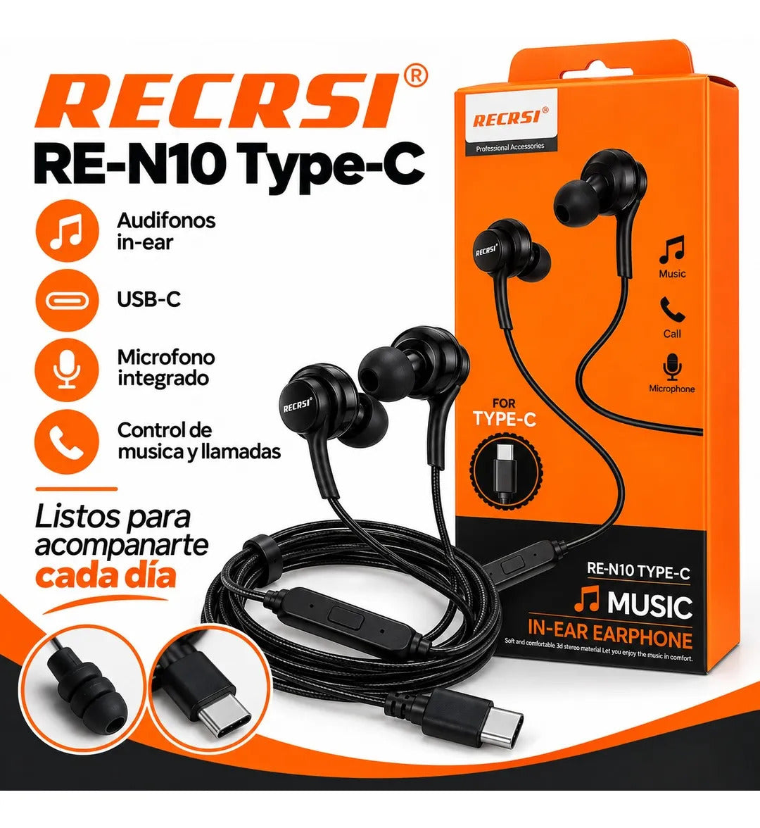 Auriculares RE-N10 con Cable USB-C y Control de Llamadas - foto 3