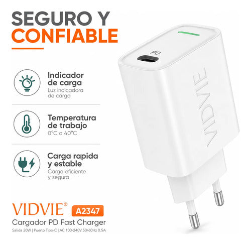 Cargador Vidvie A2347 20W USB-C PD Carga Rápida – Blanco – foto 6
