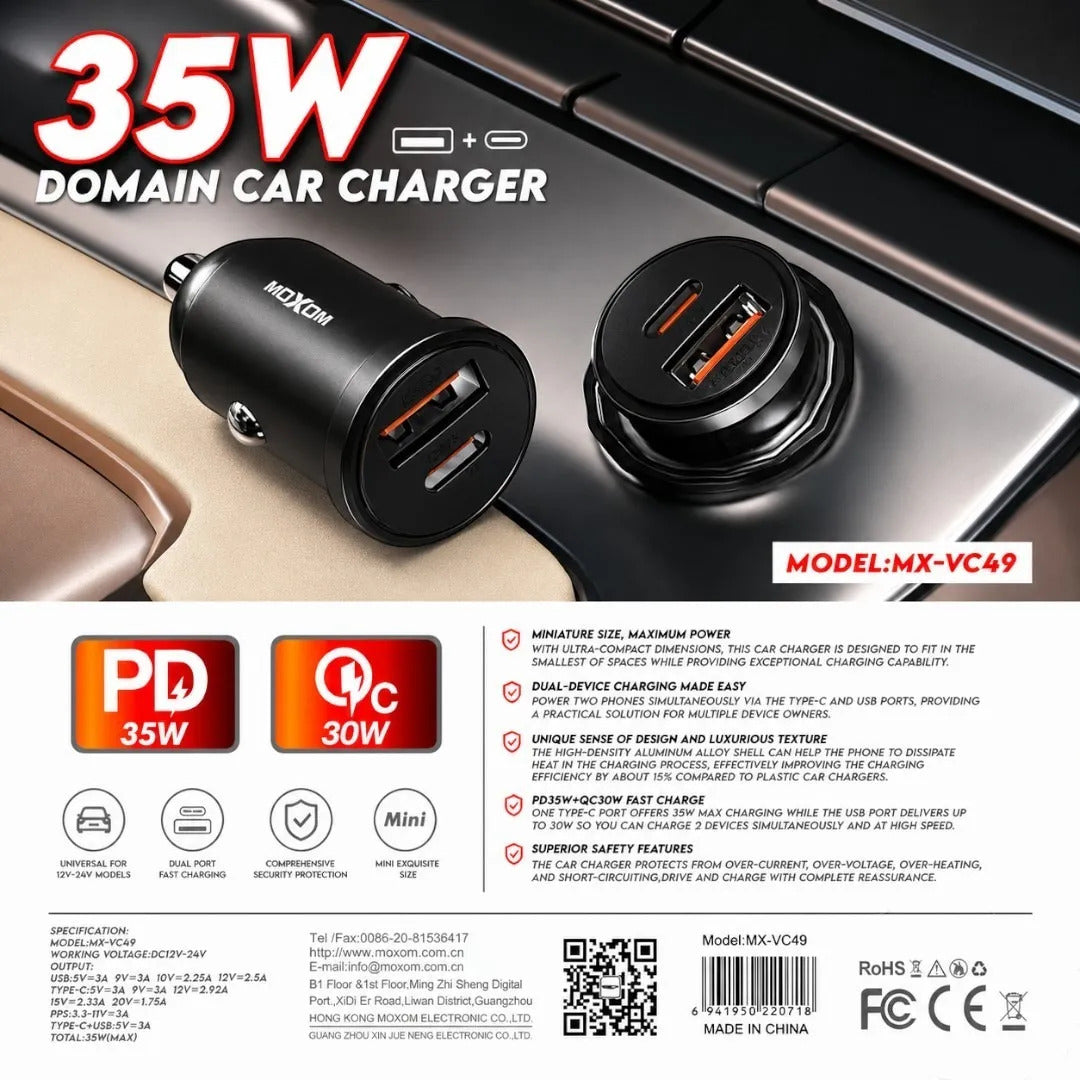 Cargador Auto Moxom MX-VC49 35W USB-C PD USB-A QC Mini - foto 6