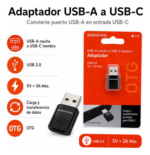 Adaptador Borofone BV18 USB-A a USB-C OTG 3A – Negro – foto 5