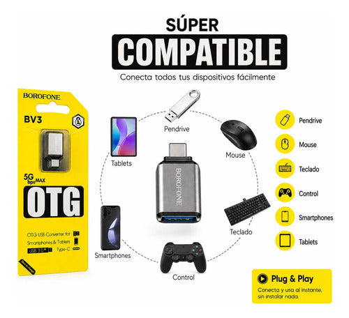 Adaptador OTG Borofone BV3 USB-C a USB 3.0 Metálico – Plateado – foto 2