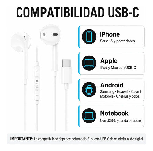 Audífonos Hoco M101 USB-C blancos – foto 2