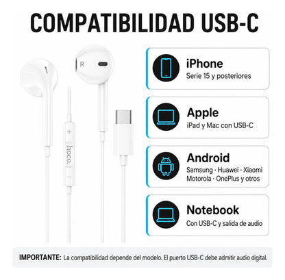 Audífonos Hoco M101 USB-C blancos – foto 2