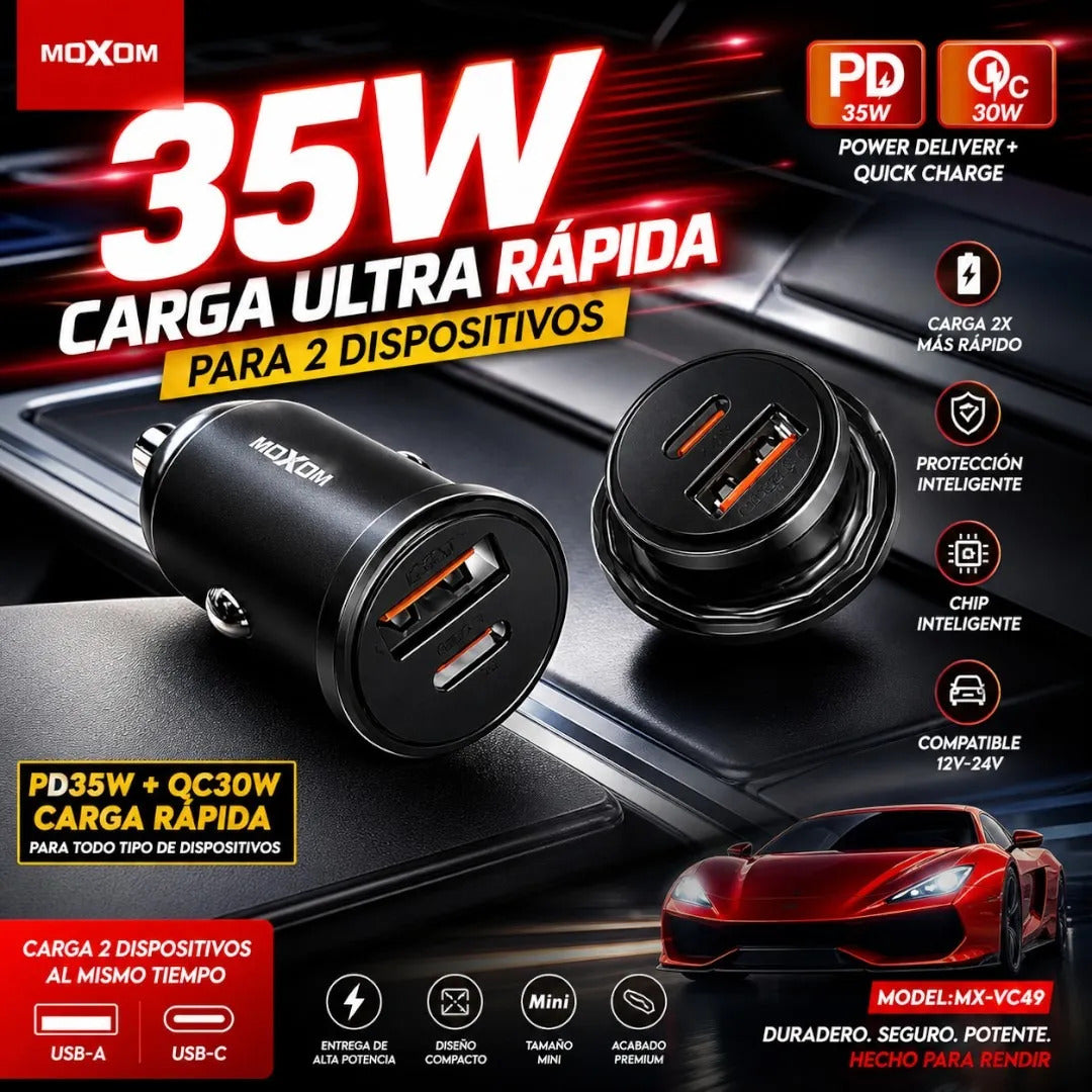 Cargador Auto Moxom MX-VC49 35W USB-C PD USB-A QC Mini - foto 4