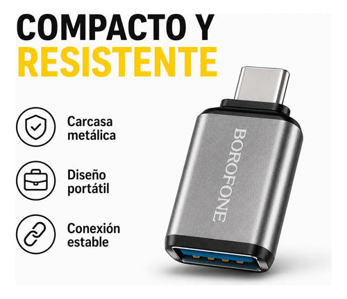 Adaptador OTG Borofone BV3 USB-C a USB 3.0 Metálico – Plateado – foto 7
