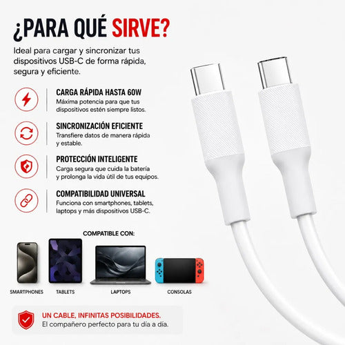 Cable Recrsi TA-01 USB-C a USB-C 60W 1 m de Silicona – Blanco – foto 5