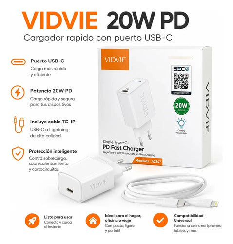 Cargador Vidvie A2347 20W USB-C PD Carga Rápida – Blanco – foto 2