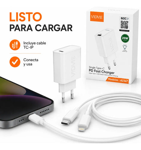 Cargador Vidvie A2347 20W USB-C PD Carga Rápida – Blanco – foto 3