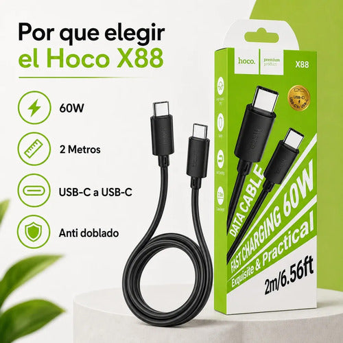 Cable Hoco X88 USB-C a USB-C 60W 2 m Carga Rápida – Negro – foto 10