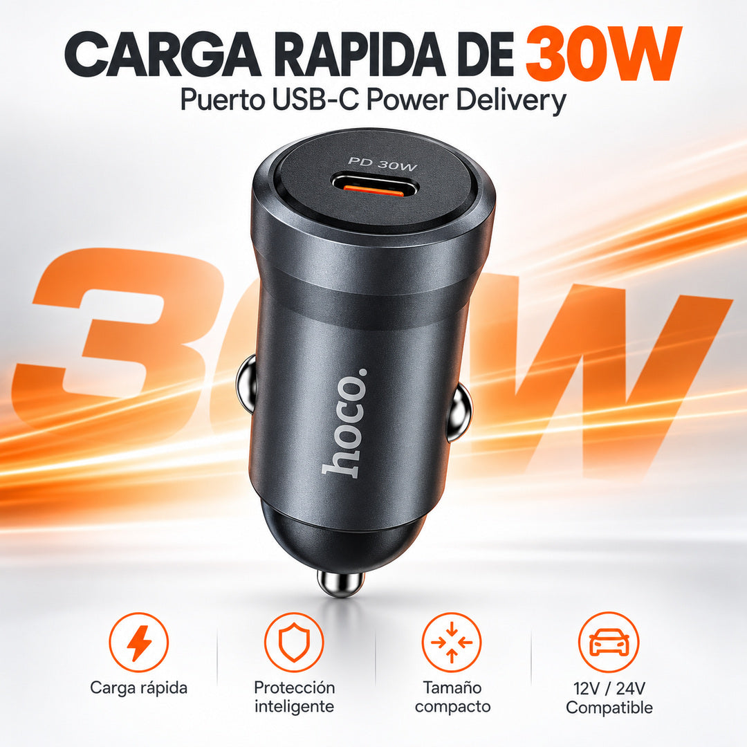 Cargador de auto Hoco Z62A 30W USB-C PD de aluminio