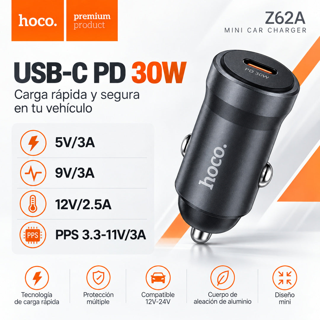 Cargador de auto Hoco Z62A 30W USB-C PD de aluminio