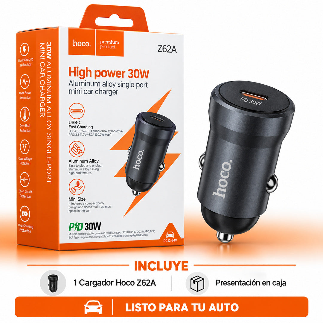 Cargador de auto Hoco Z62A 30W USB-C PD de aluminio