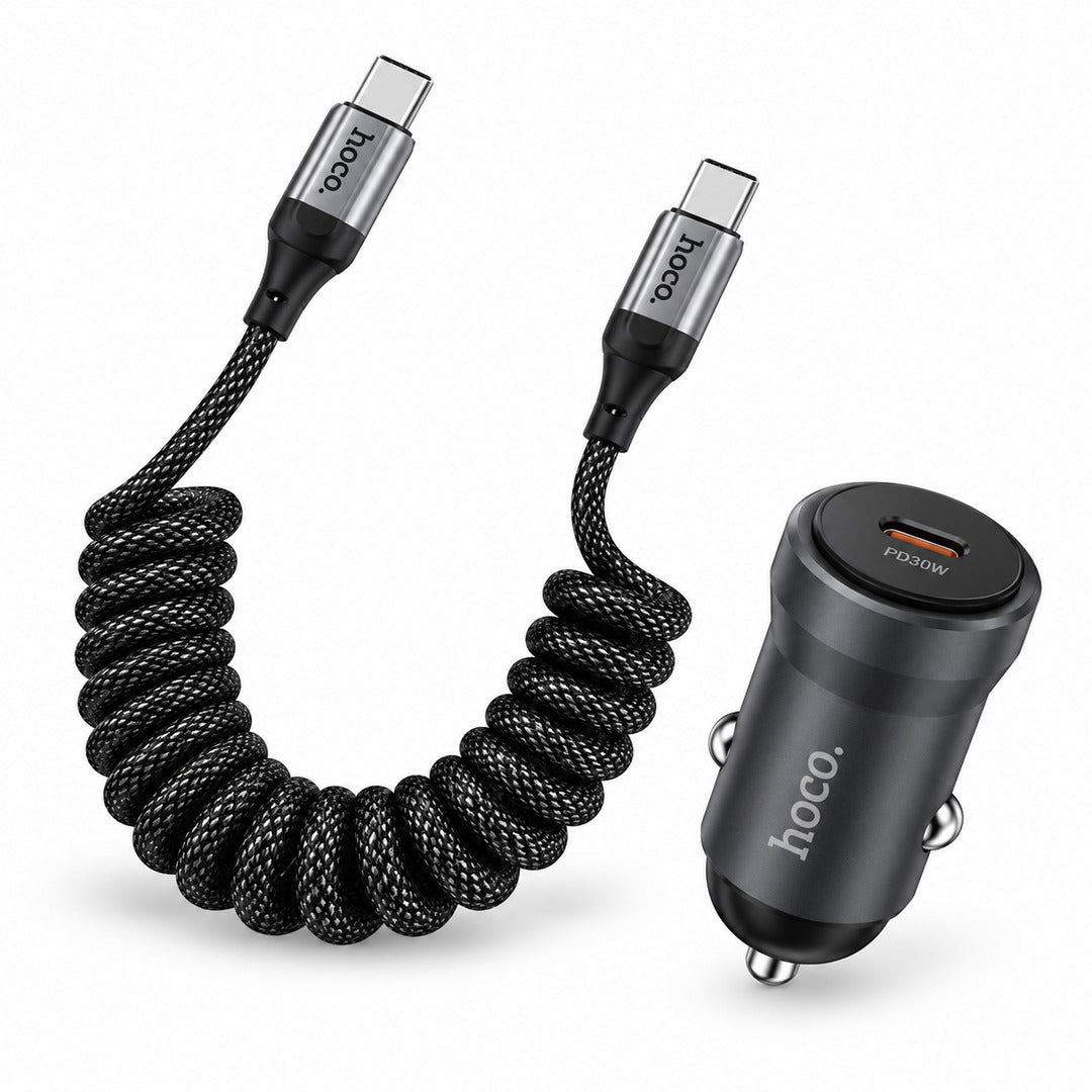 Cargador de auto Hoco Z62A 30W con cable espiral USB-C X121 de 1,5 m