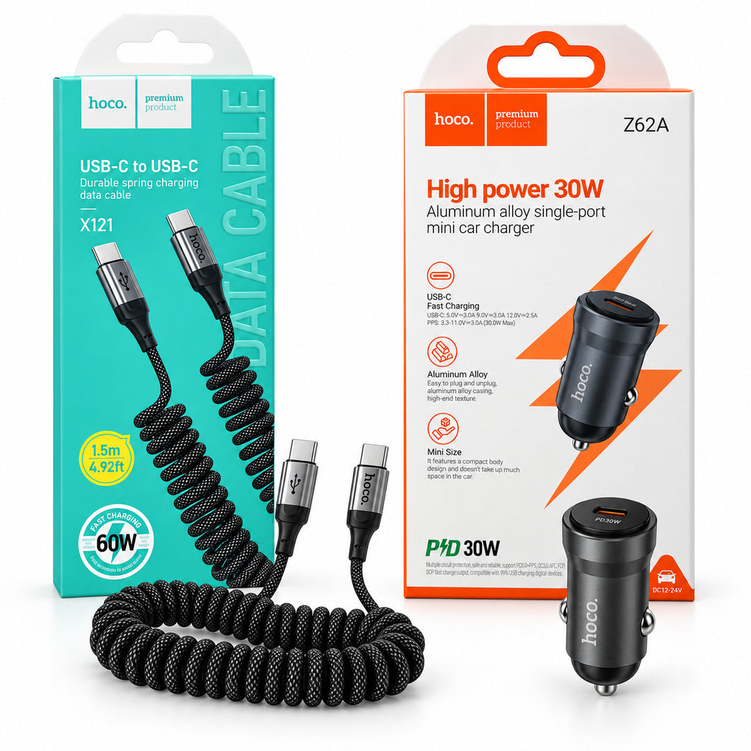 Cargador de auto Hoco Z62A 30W con cable espiral USB-C X121 de 1,5 m