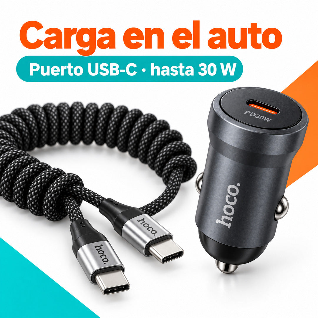 Cargador de auto Hoco Z62A 30W con cable espiral USB-C X121 de 1,5 m