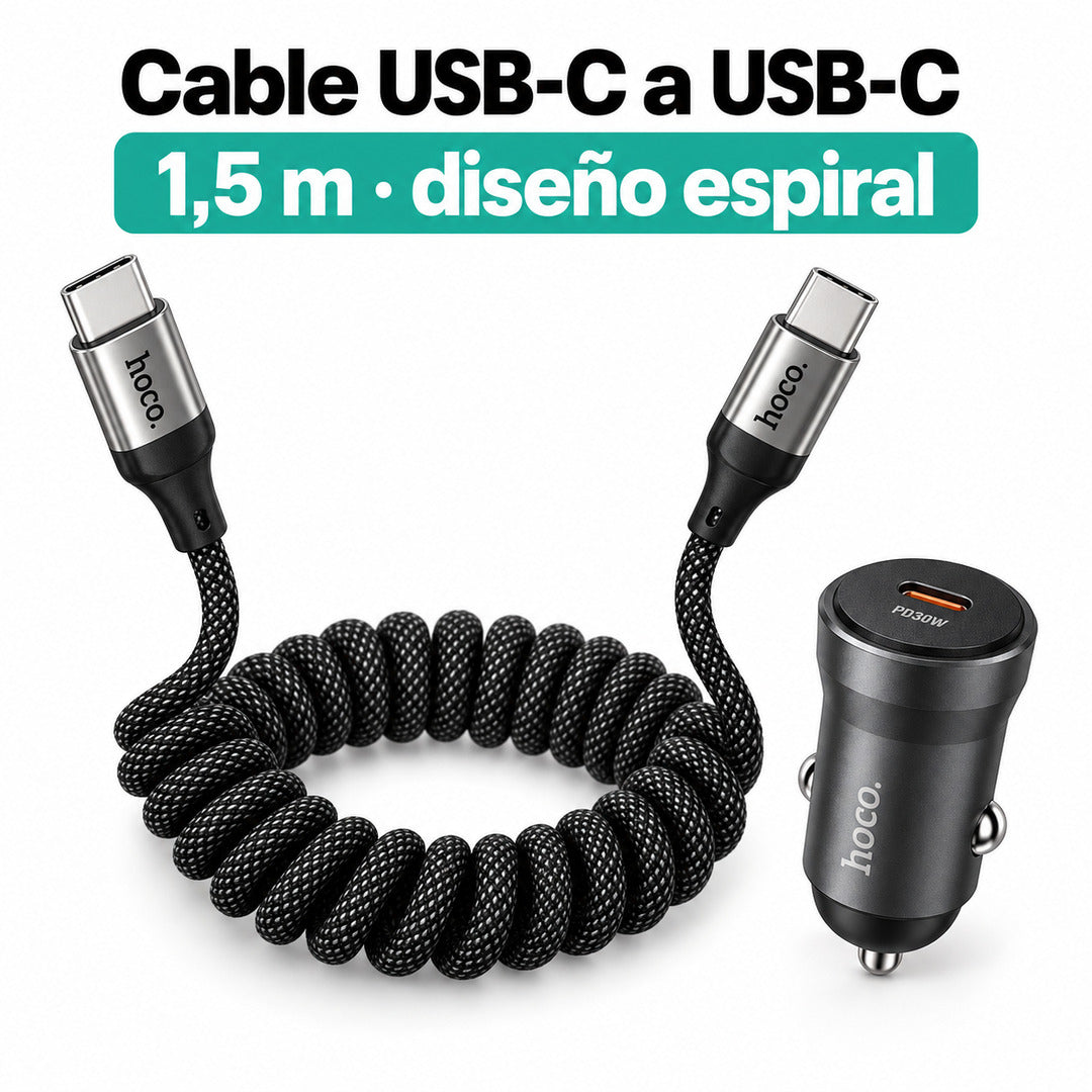 Cargador de auto Hoco Z62A 30W con cable espiral USB-C X121 de 1,5 m